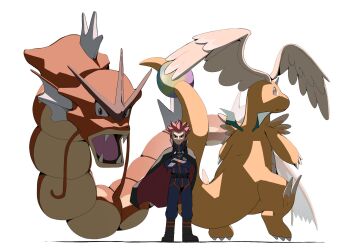 1boy alternate_color black_cape brown_eyes cape claws closed_mouth colored_skin crossed_arms dragon dragonite fangs feathered_wings frown full_body gen_1_pokemon gyarados head_wings highres horns jacket lance_(pokemon) long_sleeves mega_dragonite mega_pokemon nintendo open_mouth pants pokemon pokemon_(creature) pokemon_hgss popped_collar psaber97 red_eyes red_hair shadow shiny_pokemon short_hair simple_background single_horn spiked_hair tail white_background wings