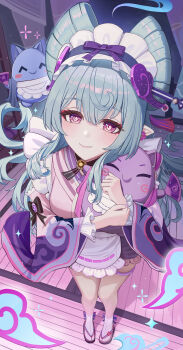 Rule 34 | 1girl, absurdres, apron, aqua hair, blush, breasts, closed mouth, commentary request, fingernails, frilled apron, frilled sleeves, frills, full body, genshin impact, hair between eyes, hair ornament, highres, incredibly absurdres, japanese clothes, kimono, long hair, looking at viewer, maid, maid apron, maid headdress, nail polish, nihongami, obi bow, pink eyes, pink kimono, pointy ears, purple nails, sleeveless, sleeveless kimono, small breasts, smile, soul (smfa2555), tail, very long hair, wa maid, white apron, yumemizuki mizuki