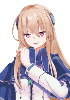 1girl absurdres asahinahanokai blonde_hair blue_capelet brown_hair capelet clenched_hand hair_between_eyes hair_ornament hand_up heaven_burns_red high_collar highres jacket jewelry long_hair long_sleeves looking_at_viewer open_mouth parted_lips pink_eyes red_eyes shirakawa_yuina shirt smile solo straight_hair upper_body v-shaped_eyebrows very_long_hair white_shirt