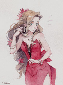 1girl aerith_gainsborough aerith_gainsborough_(red_dress) artist_name back_bow bare_shoulders bow bracelet breasts brown_hair cleavage cowboy_shot dress earrings final_fantasy final_fantasy_vii final_fantasy_vii_remake flamenco_dress flower green_eyes hair_flower hair_ornament hair_ribbon hand_in_own_hair highres jewelry long_dress long_hair medium_breasts multiple_necklaces necklace official_alternate_costume okha parted_bangs parted_lips ponytail red_dress red_flower red_ribbon ribbon side_slit signature solo star_(symbol) star_earrings star_necklace strapless strapless_dress traditional_media