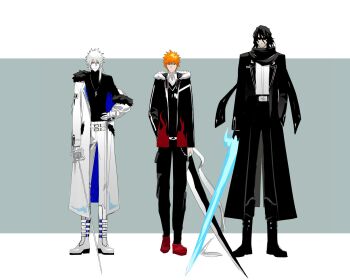 3boys adapted_costume alternate_costume bankai belt black_footwear black_hair black_pants black_scarf black_sclera black_sweater_vest bleach boots brown_eyes claymore_(sword) closed_mouth coat colored_sclera colored_skin facial_hair hair_between_eyes highres holding holding_weapon hollow_(bleach) hollow_ichigo kurosaki_ichigo long_coat long_hair long_sleeves looking_at_viewer male_focus multiple_belts multiple_boys off-shoulder_jacket off_shoulder orange_hair pants red_footwear scarf shikai shinigami shirt short_hair spiked_hair sweater_vest sword tall_male weapon white_coat white_footwear white_hair white_shirt white_skin yellow_eyes zangetsu_(bleach) zangjun zanpakutou