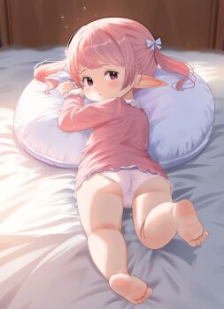 1girl ass barefoot closed_mouth commentary_request dress feet final_fantasy final_fantasy_xiv from_behind highres lalafell loli looking_back lying on_stomach panties pillow pink_dress pink_eyes pink_hair pointy_ears shelldy short_dress short_hair soles solo toes twintails underwear white_panties