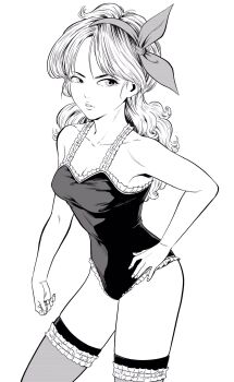 1girl breasts cleavage collarbone commentary cowboy_shot dragon_ball dragon_ball_(classic) frilled_leotard frilled_thighhighs frills hairband hand_on_own_hip highres lee_(dragon_garou) leotard long_hair lunch_(bad)_(dragon_ball) lunch_(dragon_ball) medium_breasts parted_lips solo thighhighs