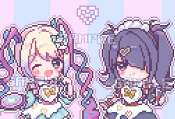 2girls ;d alternate_costume ame-chan_(needy_girl_overdose) black_hair blonde_hair blue_hair cheek_poking chouzetsusaikawa_tenshi-chan colored_tips comiket_104 commentary_request cowboy_shot diagonal_bangs enmaided hair_ornament hair_over_one_eye hand_on_own_face heart heart_hair_ornament highres holding holding_plate looking_at_viewer maid multicolored_hair multiple_girls needy_girl_overdose obake_yura official_alternate_costume one_eye_closed open_mouth outline pink_hair pixel_art plate poking quad_tails short_twintails smile sweets_paradise twintails white_outline wrist_cuffs