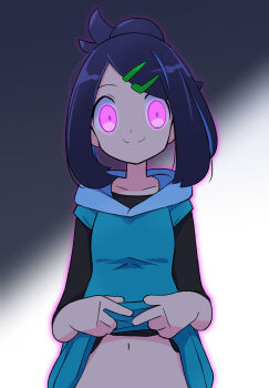 1girl :> alternate_eye_color aura black_hair blue_hair blush breasts corruption cowlick eyelashes hair_bun hair_ornament hairclip happy highres hood hoodie lifting_own_clothes liko_(pokemon) long_hair looking_at_viewer mind_control mochi_mochi_dance multicolored_hair navel nintendo pokemon pokemon_(anime) pokemon_horizons purple_eyes rascal_(feuille) simple_background small_breasts smile white_background