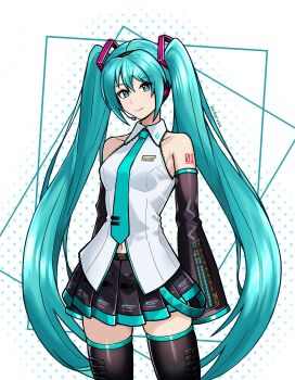 1girl absurdres aqua_eyes aqua_hair aqua_necktie artist_name bare_shoulders black_boots black_skirt boots commentary detached_sleeves english_commentary hatsune_miku headset highres long_hair looking_at_viewer miniskirt navel necktie number_tattoo pleated_skirt polka_dot polka_dot_background saderuuu shirt shoulder_tattoo skirt sleeveless sleeveless_shirt sleeves_past_fingers sleeves_past_wrists solo standing tattoo thigh_boots thighhighs twintails vocaloid white_shirt zettai_ryouiki