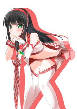Rule 34 | 1girl, absurdres, aqua eyes, bare shoulders, black hair, blunt bangs, blush, breasts, choker, clothing request, colored shadow, commentary request, crop top, drop shadow, elbow gloves, garter straps, gloves, hairband, highres, knees together feet apart, kurosawa dia, leaning on object, long hair, looking at viewer, love live!, love live! school idol festival, love live! school idol festival after school activity, love live! sunshine!!, midriff, mole, mole under mouth, race queen, rapiecage (8107ka), red choker, red hairband, red shorts, shadow, short shorts, shorts, showgirl skirt, sidelocks, simple background, single elbow glove, small breasts, smile, solo, standing, thighhighs, umbrella, white background, white gloves, white thighhighs, wrist cuffs