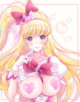 1girl asahina_mirai blonde_hair border bow bracelet breasts brooch closed_mouth clothes_lift collarbone covered_erect_nipples cure_miracle diamond_brooch earrings frills gem gloves hair_bow hairband hat heart heart_pasties highres holding holding_bow_(ornament) jewelry long_hair looking_at_viewer magical_girl mahou_girls_precure! medium_breasts mini_hat mini_witch_hat paid_reward_available pasties pink_border pink_gem pink_hairband pink_hat precure purple_eyes red_bow see-through_clothes shiny_clothes shiny_skin shirt_lift sia_(pixiv101833741) side_ponytail simple_background smile solo upper_body white_background white_gloves witch_hat