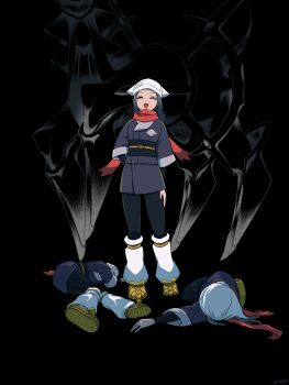 1girl akari_(pokemon) arceus arm_behind_head black_background blue_hair closed_eyes facing_viewer galaxy_expedition_team_survey_corps_uniform gen_4_pokemon hand_on_own_hip hasuba_(hasubahaguruma) headscarf highres legendary_pokemon long_hair lying multiple_persona mythical_pokemon nintendo open_mouth pokemon pokemon_legends:_arceus scarf smile solo standing