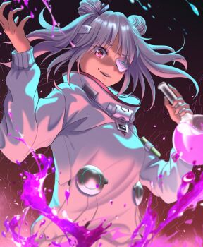 Rule 34 | 1girl, absurdres, chuunibyou, commentary request, double bun, downturned eyes, evil smile, eyepatch, eyes visible through hair, flask, floating hair, hair between eyes, hair bun, hands up, heaven burns red, highres, holding, holding flask, kepekki kanojo, liquid, long sleeves, looking at viewer, medium hair, one eye covered, open mouth, red background, red eyes, round-bottom flask, simple background, smile, solo, sweater, teeth, two side up, underlighting, upper body, upper teeth only, v-shaped eyebrows, white hair, white sweater, yamawaki bon ivar