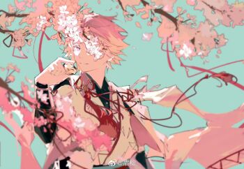Rule 34 | 1boy, aqua background, black shirt, branch, cape, cherry blossoms, closed mouth, ensemble stars!, falling petals, flower, hand up, highres, holding, japanese clothes, kimono, layered sleeves, long sleeves, looking at viewer, male focus, mandarin collar, mei ren, official alternate costume, one eye covered, oukawa kohaku, petals, pink flower, pink hair, purple eyes, red ribbon, ribbon, shirt, shirt under kimono, short hair, short over long sleeves, short sleeves, simple background, smile, solo, sweater guard, tassel, upper body, watermark, weibo watermark, white cape, white kimono