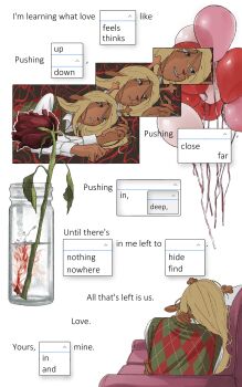 Rule 34 | 1girl, absurdres, antlers, argyle clothes, argyle sweater vest, balloon, black eyes, blonde hair, blood, collared shirt, commentary, couch, deer antlers, deer girl, deltarune, english commentary, english text, flower, green sweater vest, hand on own neck, highres, horns, jar, long hair, noelle holiday, on couch, petscoboba, red flower, red rose, rose, shirt, sweater vest, tears, thorns, two-tone sweater vest, utdr (toby fox), water, white shirt