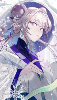 1girl animal_ears arknights closed_mouth fingernails flower grey_eyes grey_hair grey_kimono hair_flower hair_ornament high_collar highres japanese_clothes kimono lin_(arknights) lin_(heavenly_mirage)_(arknights) long_hair long_sleeves official_alternate_costume snowflakes solo tamago_nashi upper_body white_flower