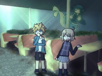 1boy 2girls blonde_hair cafe crossover curly_hair derivative_work film_grain haronashi highres kagamine_len liminal_space mermaid monster_girl multiple_crossover multiple_girls ocean purple_sweater_vest screenshot_redraw sweater_vest touhou underwater urotsuki vocaloid wakasagihime yume_2kki