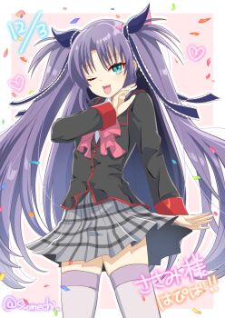 1girl ;d arm_at_side black_jacket blue_eyes blue_ribbon blush border bow bowtie commentary_request confetti cowboy_shot dated floating_hair grey_skirt hair_between_eyes hair_ribbon hand_up heart highres jacket lace lace-trimmed_ribbon lace_trim little_busters! little_busters!_school_uniform long_hair long_sleeves looking_at_viewer miniskirt ojou-sama_pose one_eye_closed open_mouth outline outside_border outstretched_hand pink_background pink_bow pink_bowtie plaid_clothes plaid_skirt pleated_skirt purple_hair ribbon sasasegawa_sasami school_uniform shirt sidelocks simple_background skirt smile smug solo straight_hair sumechi thighhighs translation_request twitter_username two_side_up v-shaped_eyebrows very_long_hair white_border white_outline white_shirt white_thighhighs zettai_ryouiki