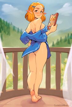 1girl artist_name ass balcony bare_shoulders barefoot blonde_hair blurry blurry_background blush braid breasts cunnilingus female_pubic_hair field forehead from_behind full_body green_eyes highres holding link looking_at_viewer looking_back medium_breasts medium_hair nintendo oral pointy_ears princess_zelda pubic_hair pussy sideboob sky smile solo squeezable_(squeezabledraws) tablet_pc the_legend_of_zelda the_legend_of_zelda:_breath_of_the_wild the_legend_of_zelda:_tears_of_the_kingdom undressing