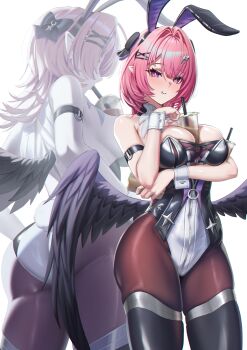 1girl :t absurdres adapted_costume animal_ears arm_under_breasts art_program_in_frame ass black_bow black_pantyhose black_thighhighs black_wings bow breasts bubble_tea bubble_tea_challenge cruzvu cup disposable_cup drinking drinking_straw fake_animal_ears hair_bow hair_ornament highres large_breasts leotard looking_at_viewer medium_hair multiple_views pantyhose pink_eyes pink_hair playboy_bunny pointy_ears pout rabbit_ears remielle_dan simple_background strapless strapless_leotard thighhighs white_background wings zenless_zone_zero
