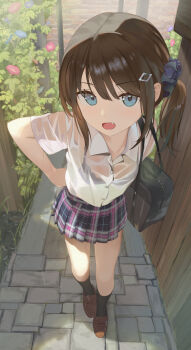 1girl :o absurdres arms_behind_back bag black_bra black_socks blue_eyes blue_flower blue_scrunchie bra bra_visible_through_clothes breasts brown_hair brown_shoes chinese_commentary collared_shirt commentary_request day dress_shirt fang flower full_body hair_between_eyes hair_ornament hair_scrunchie highres kneehighs kotori_(ba) light_blush loafers looking_at_viewer morning_glory open_mouth original outdoors partial_commentary pink_flower plaid_clothes plaid_skirt plant pleated_skirt school_bag school_uniform scrunchie see-through_clothes see-through_shirt shade shirt shoes side_ponytail skirt small_breasts socks solo standing stone_floor underwear water_drop wet wet_clothes wet_shirt white_shirt