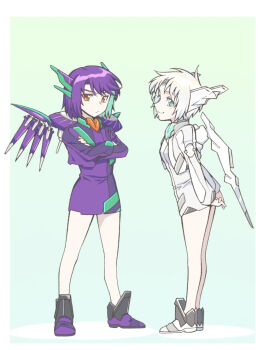 Rule 34 | 2girls, alvis uniform, aqua eyes, arms behind back, boots, brown eyes, commentary request, cropped jacket, crossed arms, dress, full body, looking at viewer, mark nicht, mark sein, mechanical wings, multiple girls, nagi (exsit00), personification, purple dress, purple hair, short dress, short hair, smile, soukyuu no fafner, white dress, white hair, wings