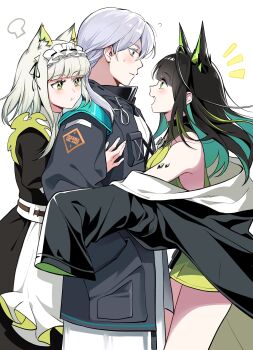 1boy 2girls :d absurdres ahoge animal_ear_fluff animal_ears arknights bai_xin bare_shoulders black_coat black_dress black_hair black_jacket blush closed_mouth clothes_writing coat colored_inner_hair commentary cowboy_shot doctor_(arknights) dress eye_contact frills girl_sandwich green_eyes green_hair grey_eyes grey_hair hand_in_pocket highres huge_ahoge jacket kal&#039;tsit_(arknights) long_hair long_sleeves looking_at_another maid maid_headdress male_doctor_(arknights) material_growth medium_hair mon3tr_(arknights) multicolored_hair multiple_girls notice_lines off_shoulder official_alternate_costume open_mouth oripathy_lesion_(arknights) pout profile sandwiched simple_background smile standing sweatdrop symbol-only_commentary white_background