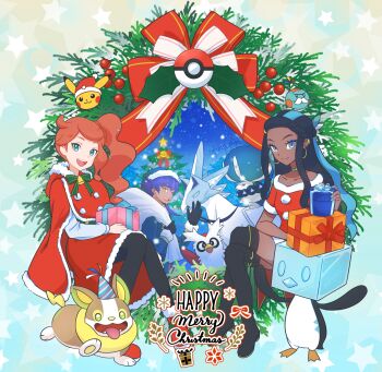 1boy 2girls :d alternate_costume black_footwear black_legwear boots box calyrex calyrex_(rider) cape chewtle christmas closed_mouth collarbone commentary_request dark-skinned_female dark_skin delibird eiscue eiscue_(ice) gen_1_pokemon gen_2_pokemon gen_8_pokemon gift gift_box glastrier green_ribbon highres holding holding_gift legendary_pokemon leon_(holiday_2021)_(pokemon) leon_(pokemon) merry_christmas multiple_girls nessa_(holiday_2021)_(pokemon) nessa_(pokemon) nintendo official_alternate_costume open_mouth pantyhose pikachu pokemon pokemon_(creature) pokemon_masters_ex pokemon_swsh punico_(punico_poke) red_cape red_footwear ribbon smile sonia_(pokemon) split_mouth teeth thigh_boots thighhighs tongue upper_teeth_only yamper