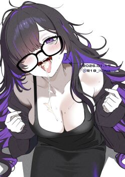 1girl after_fellatio bags_under_eyes black_dress black_hair breasts cleavage colored_inner_hair commentary cum cum_in_mouth cum_on_body cum_on_breasts cum_on_tongue cum_on_upper_body dated dress from_above glasses goddess_of_victory:_nikke hair_over_one_eye highres itinana label_(nikke) large_breasts long_hair looking_at_viewer looking_up multicolored_hair open_mouth purple_eyes purple_hair simple_background sitting solo symbol-only_commentary tongue tongue_out twitter_username white_background