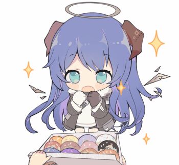 1girl :o animated animated_gif aqua_eyes arknights asymmetrical_gloves black_gloves black_jacket blue_hair blush_stickers chibi commentary_request demon_horns detached_wings donut food fur-trimmed_jacket fur_trim gloves halo horns jacket long_hair long_sleeves mismatched_gloves mostima_(arknights) open_mouth pastry_box simple_background solo_focus sparkle tail tail_wagging very_long_hair white_background white_gloves wings yue_(shemika98425261)