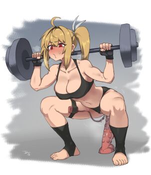 1girl ahoge barbell black_gloves black_panties black_sports_bra blonde_hair blush breasts cleavage clothing_aside collarbone commission difman dildo dildo_riding exercising feet female_masturbation fingerless_gloves full_body gloves hair_between_eyes highres large_breasts long_hair masturbation navel nipples original panties panties_aside red_eyes sex_toy side_ponytail sidelocks solo sports_bra squatting stirrup_legwear sweat thigh_strap toeless_legwear underwear vibrator vibrator_in_thigh_strap weightlifting