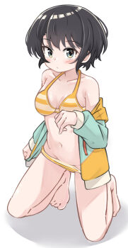 1girl absurdres bare_shoulders barefoot bikini bikini_bottom_pull bikini_pull blush breasts brown_hair check_commentary closed_mouth clothes_pull collarbone commentary_request dot_mouth dot_nose full_body green_eyes highres hololive hood hoodie k-go kneeling looking_at_viewer medium_breasts navel oozora_subaru oozora_subaru_(hololive_summer_2019) open_clothes open_hoodie orange_bikini puffy_sleeves shadow short_hair sidelocks simple_background solo swimsuit virtual_youtuber white_background