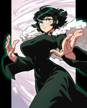1girl bob_cut breasts dress feather-trimmed_jacket fubuki_(one-punch_man) green_dress green_eyes green_hair hands_up highres inverted_bob jewelry looking_up necklace one-punch_man qewie short_hair solo tornado walking