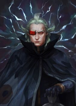 1boy black_cloak black_gloves buttons cloak closed_mouth commentary electricity ghetsis_(pokemon) gloves green_hair jacket long_sleeves looking_at_viewer male_focus nintendo omurizer pokemon pokemon_bw2 red_eyes scouter signature solo upper_body