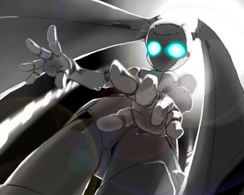 1girl blue_eyes colored_skin drossel_von_flugel fireball_(series) glowing glowing_eyes humanoid_robot joints looking_down mechanical_hair mudamoro no_humans no_mouth no_nose robot robot_girl robot_joints twintails white_skin