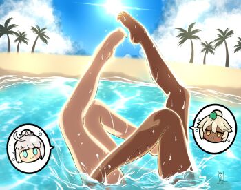 Rule 34 | ahoge, bare legs, barefoot, beach, blonde hair, blue eyes, cloud, clover, clover hair ornament, day, elphelt valentine, four-leaf clover, guilty gear, guilty gear strive, hair bun, hair ornament, highres, holding breath, image in speech bubble, inugami-ke no ichizoku pose, kagura oni, leg focus, legs, legs together, legs up, lower body, ocean, palm tree, partially submerged, ramlethal valentine, sand, smile, spiked hair ornament, splashing, sun, sunlight, swimming, symmetrical pose, synchronized swimming, tree, upside-down, watermark, wet, white hair, yellow eyes