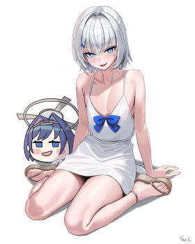 1boy absurdres bare_shoulders blue_eyes blue_hair blush_stickers boros_(ouro_kronii) bow chain commentary dress fang feet grey_hair hair_bow hair_intakes hairband highres hololive hololive_english jitome legs medium_hair ouro_kronii personification sandals skin_fang slit_pupils smug snake_tail tail toenails toes trap virtual_youtuber white_dress yan.c yukkronii_(ouro_kronii)