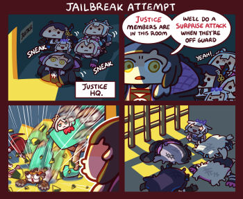 4koma 6+girls cecilia_immergreen chibi comic defeat elizabeth_rose_bloodflame english_text fuwawa_abyssgard gigi_murin hair_through_hood highres holoadvent holojustice hololive hololive_english hood keenbiscuit koseki_bijou long_hair mococo_abyssgard multiple_girls nerissa_ravencroft shiori_novella virtual_youtuber