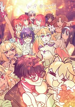 1boy 6+girls :d absurdres ahoge animal_ears archetype_earth archetype_earth_(third_ascension) arcueid_brunestud arcueid_brunestud_(mooncancer) arima_miyako arm_up armpits bare_shoulders black_bow black_hair blonde_hair blue_bow blue_eyes blue_hair bouquet bow breasts bride brown_hair capelet cat_ears cat_girl chinese_clothes ciel_(tsukihime) cleavage closed_eyes commentary_request cosplay curtained_hair dead_apostle_noel_(tsukihime) dead_apostle_noel_(tsukihime)_(cosplay) detached_sleeves dress elbow_gloves everyone fate/grand_order fate_(series) flower formal_clothes glasses gloves grabbing_another's_shoulder green_eyes groom hair_between_eyes hair_intakes hairband harem highres hisui_(tsukihime) isurugiratone kagetsu_tooya kohaku_(tsukihime) len_(tsukihime) long_hair melty_blood melty_blood:_type_lumina mole mole_under_mouth multiple_girls multiple_persona neco-arc nervous_sweating noel_(tsukihime) open_mouth pink_bow pointy_ears purple_dress reaching reaching_towards_viewer red_eyes self_cosplay sharp_teeth short_hair siblings sidelocks sisters smile suit sweat teeth tohno_akiha tohno_shiki tsukihime tsukihime_(remake) twins two_side_up unfinished wavy_hair white_dress white_gloves wrist_cuffs yumizuka_satsuki