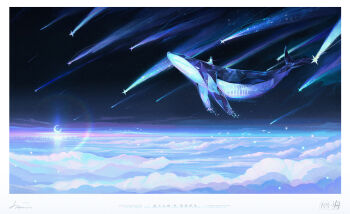 1girl animal animal_focus border cloud crescent_moon flying flying_whale highres lens_flare meteor_shower midair moon morncolour night original outdoors riding scenery shooting_star signature sitting_on_animal sky star_(sky) star_trail starry_sky whale white_border