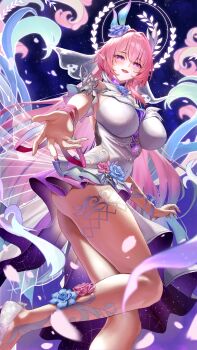 Rule 34 | 1girl, absurdres, alternate breast size (larger), armlet, bare shoulders, blush, bocchi (kuropom7), breasts, commentary request, cyrene (demiurge) (honkai: star rail), cyrene (honkai: star rail), diamond-shaped pupils, diamond (shape), dress, fingernails, flower, hair flower, hair intakes, hair ornament, halo, halo behind head, highres, honkai: star rail, honkai (series), huge breasts, jewelry, long hair, looking at viewer, open mouth, partial commentary, pink hair, pointy ears, purple eyes, purple rise, sidelocks, smile, solo, symbol-shaped pupils, thighs, veil, very long hair, white dress, white veil