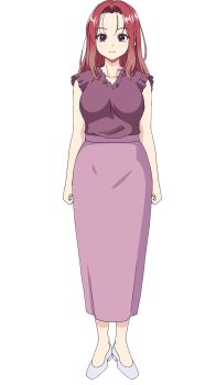 Rule 34 | 1girl, android wa keiken ninzuu ni hairimasu ka??, anime coloring, arms at sides, blush, breasts, closed eyes, curtained hair, full body, high heels, highres, large breasts, light smile, long bangs, long skirt, looking at viewer, medium hair, official art, open mouth, parted bangs, pencil skirt, pink skirt, pumps, purple eyes, red hair, shirt, skirt, smile, solo, standing, transparent background, tsuda akane