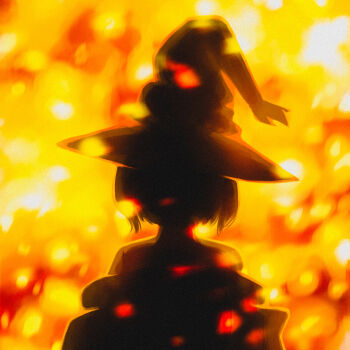 Rule 34 | 1girl, after explosion, commentary, embers, english commentary, fiery background, fire, hat, highres, kono subarashii sekai ni shukufuku wo!, megumin, short hair, silhouette, solo, titanartx, upper body