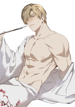 1boy abs absurdres arm_out_of_frame blonde_hair blue_eyes branch cherry_blossoms closed_mouth collarbone cowboy_shot groin highres hip_bones holding holding_smoking_pipe jujeop leaning_back leon_s._kennedy light_frown looking_at_viewer male_focus nipples pectorals resident_evil robe robe_partially_removed simple_background single_bare_shoulder sitting smoking_pipe solo topless_male white_background white_robe