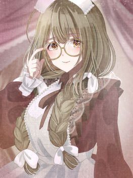 1girl alternate_costume apron bespectacled blush braid brown_dress brown_hair commentary dress enmaided glasses idolmaster idolmaster_shiny_colors kuwayama_chiyuki long_hair long_sleeves looking_at_viewer maid morinaga_(kisoapple) puffy_long_sleeves puffy_sleeves round_eyewear smile solo twin_braids upper_body very_long_hair white_apron yellow-framed_eyewear