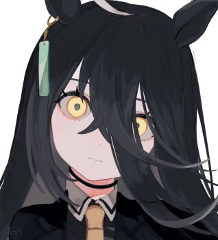 1girl ahoge animal_ears black_choker black_hair black_shirt black_suit chazuke choker closed_mouth coat collared_shirt ear_tag earrings formal_clothes hair_between_eyes head_tilt horse_ears horse_girl jacket jewelry long_bangs long_hair long_hair_between_eyes looking_at_viewer manhattan_cafe_(umamusume) multicolored_hair necktie portrait shirt simple_background single_earring solo suit umamusume white_background white_hair yellow_eyes yellow_necktie
