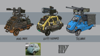 Rule 34 | bmw, bmw isetta, browning m2, chinese text, cyberpunk (series), cyberpunk 2077, dust, english text, gun, heavy machine gun, highres, improvised armor, license plate, machine gun, mad max, manually-operated mounted gun, megaphone, original, photo inset, railgun, remote weapon system, rocket launcher, rpg (weapon), scope, signature, simple background, spray paint, taiwan, technical, tony tseng, variations, video camera, weapon, windshield, wipers, wrench