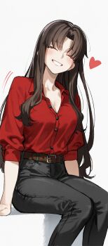 1girl absurdres belt black_hair black_pants breasts brown_belt cleavage closed_eyes collared_shirt commentary fate_(series) grin heart highres kamisato_sora large_breasts long_hair motion_lines pants parted_bangs red_shirt shirt shirt_tucked_in simple_background sitting smile solo symbol-only_commentary tohsaka_rin white_background