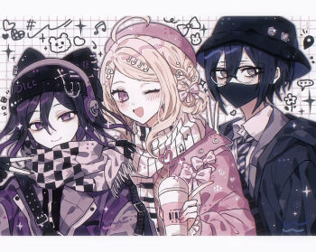 ... 1girl 2boys ahoge akamatsu_kaede alternate_costume alternate_hairstyle animal_hat beret black_hair black_jacket black_nails blush bow braid brown_eyes bucket_hat cat_hat checkered_clothes checkered_scarf closed_mouth coat collared_shirt commentary danganronpa_(series) danganronpa_v3:_killing_harmony drink eyelashes fingerless_gloves flipped_hair fortissimo glasses gloves grid_background hair_between_eyes hair_bow hair_ornament hashtag hat headphones heart highres holding holding_drink index_finger_raised jacket letterboxed long_hair looking_at_viewer mask medium_hair mouth_mask multiple_boys musical_note musical_note_hair_ornament oma_kokichi one_eye_closed open_mouth pink_bow pink_coat purple_eyes purple_hair saihara_shuichi scarf shirt short_hair side_braid smile spoken_ellipsis star_(symbol) upper_body user_jxyx4535 v white_scarf