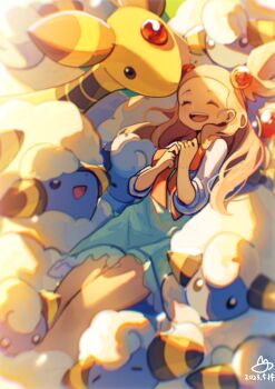 1girl ampharos closed_eyes commentary_request dated dress fluffy gen_2_pokemon hair_bobbles hair_ornament highres horns jasmine_(pokemon) lanter_qwq light_brown_hair lying mareep nintendo open_mouth pokemon pokemon_(creature) pokemon_hgss sheep smile solid_circle_eyes