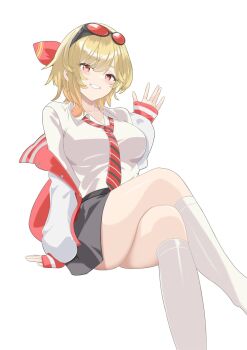 Rule 34 | 1girl, alternate costume, black skirt, blonde hair, breasts, crossed legs, diagonal-striped clothes, diagonal-striped necktie, eyewear on head, feet out of frame, glawsbsxpytn7j9, hand up, hashtag-only commentary, highres, hololive, hololive indonesia, invisible chair, jacket, jacket partially removed, kaela kovalskia, kneehighs, large breasts, long hair, long sleeves, looking at viewer, medium hair, miniskirt, necktie, parted bangs, red-tinted eyewear, red eyes, red jacket, red necktie, shirt, simple background, sitting, skirt, sleeves past wrists, smile, socks, solo, striped clothes, sunglasses, thighs, tinted eyewear, virtual youtuber, waving, white background, white shirt, white socks