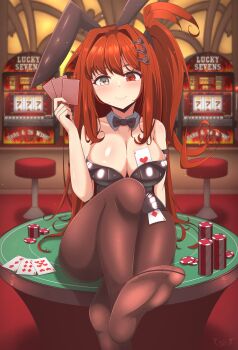1girl absurdres ace_(playing_card) ace_of_diamonds ace_of_hearts bare_shoulders black_leotard blush bow breasts brown_pantyhose card casino casino_card_table cleavage commission daiya_fortuna detached_collar diamond_(shape) english_text feet hair_between_eyes hair_ornament hair_tie hairclip heart heterochromia highleg highres holding holding_card large_breasts leotard long_hair mischiefmiz pantyhose pixellink playboy_bunny playing_card poker_chip rabbit_ears red_eyes red_hair seven_of_hearts side_ponytail signature sitting sitting_on_table six_of_diamonds slot_machine smile stool strapless symbol-shaped_pupils table three_of_diamonds very_long_hair virtual_youtuber white_eyes
