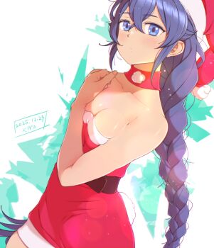 1girl absurdres alternate_costume bare_shoulders belt blue_eyes blue_hair braid breasts choker closed_mouth collarbone commentary_request cowboy_shot crossed_bangs dated dress fake_tail fur-trimmed_dress fur-trimmed_headwear fur_trim hair_between_eyes hand_up hands_on_own_chest hat highres kiyo_(a_sam_ko) light_blush long_braid long_hair looking_at_viewer medium_breasts mushoku_tensei rabbit_tail red_choker red_dress red_hat roxy_migurdia santa_costume santa_dress santa_hat short_dress signature solo strapless strapless_dress tail twin_braids underbutt very_long_hair white_hair